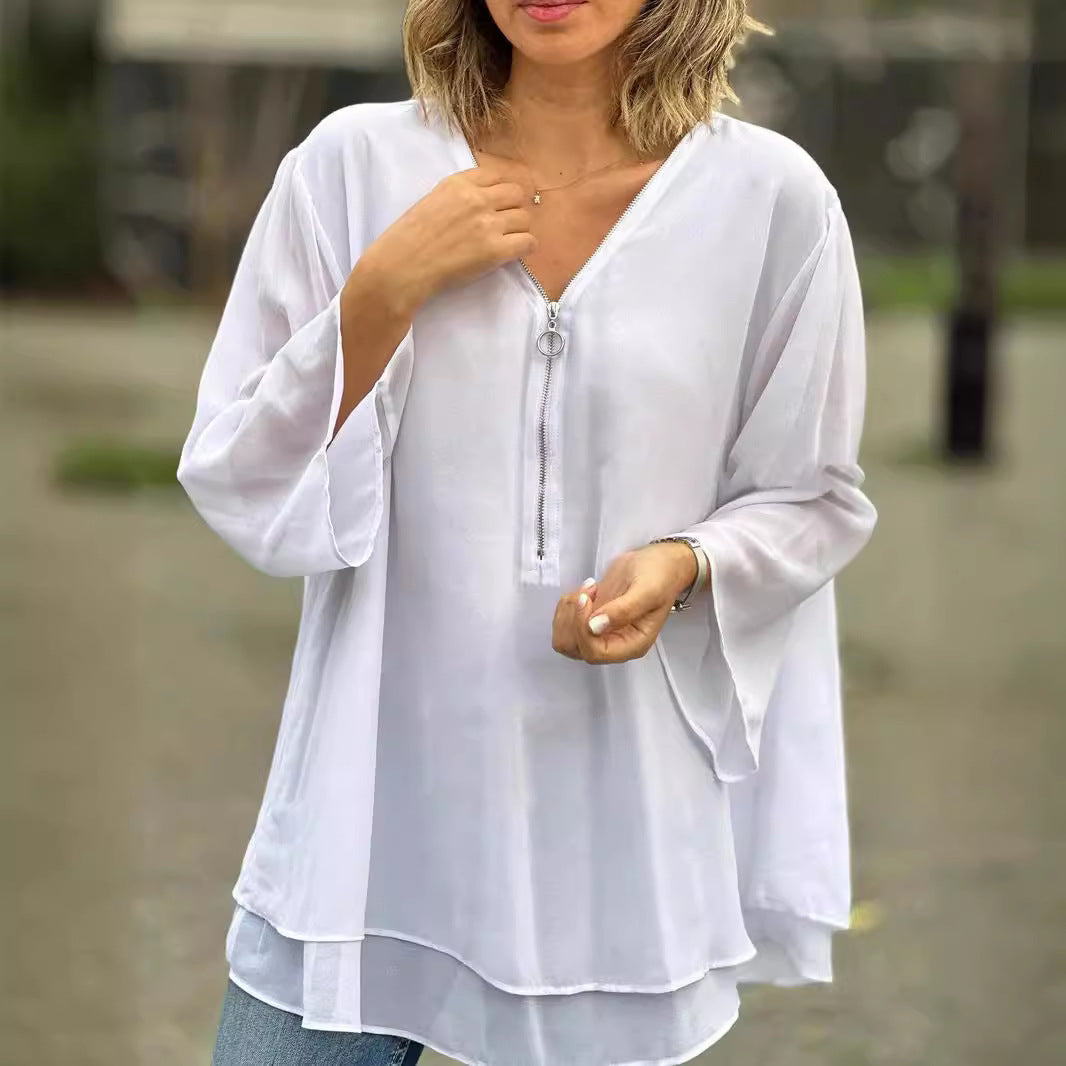 Classy Sleeves Casual Metal Zipper Loose Lace Shirt, Chiffon Shirt