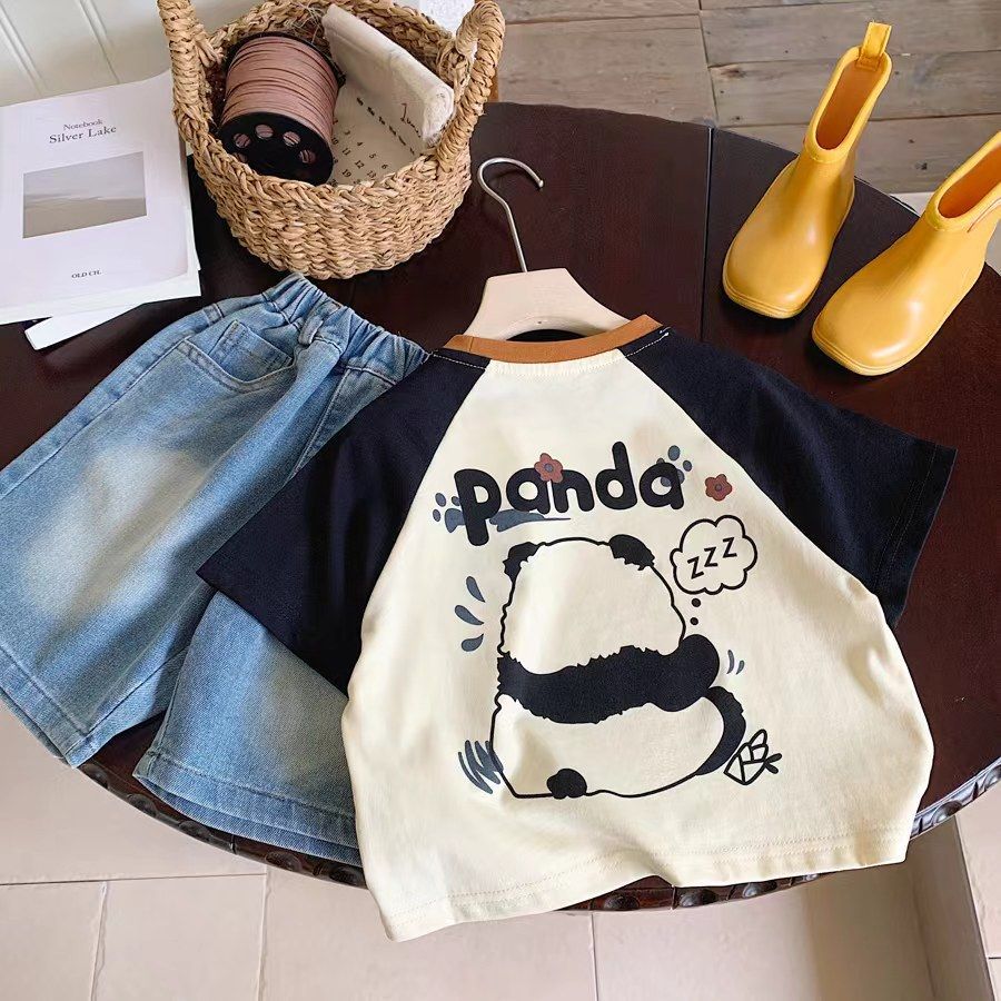 Children's Boy's Short-sleeved Summer Raglan Sleeve Cartoon Panda Contrast Children's T-shirt