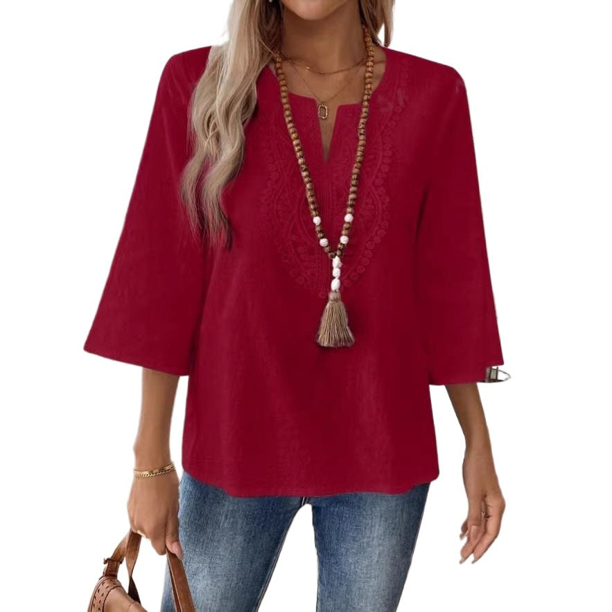 Women's Shirt Lace Trim Solid Color White Blue Blouse
