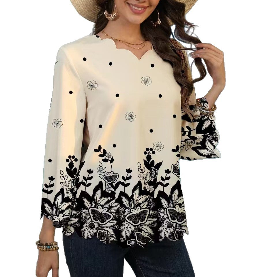 Women's Plant Print Three-quarter Sleeve Loose Casual Tops