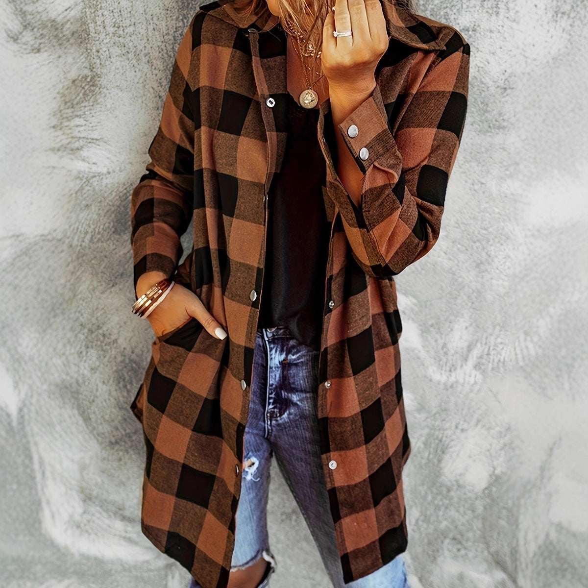 Women's Long Sleeve Plaid Lapel Loose Casual Jackets