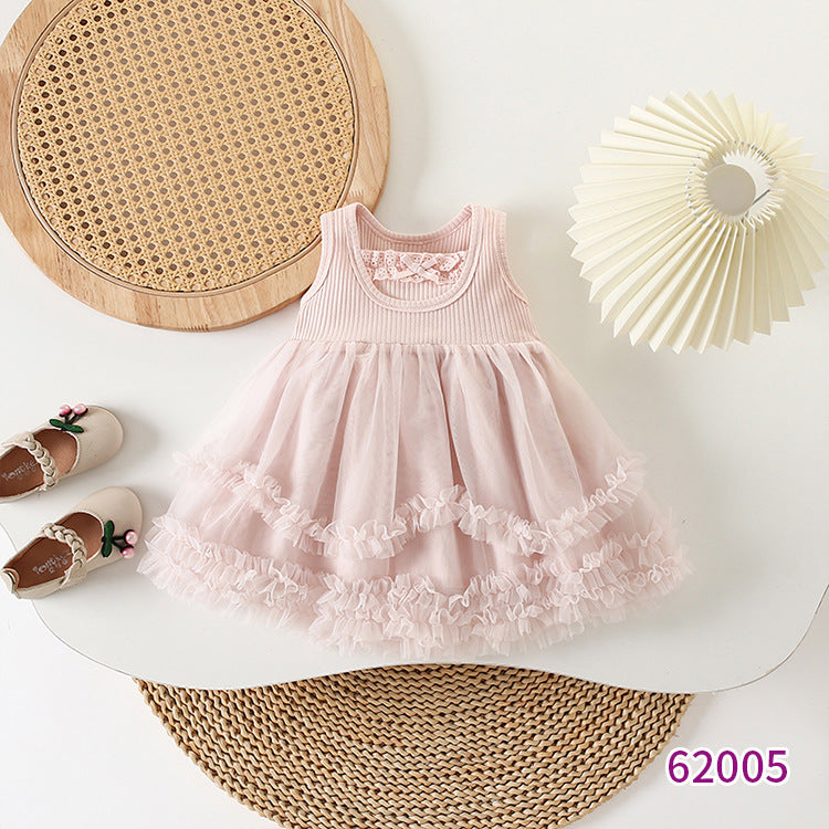 Style Pink Mesh Vest Skirt Summer Ocean Bow Cute Children's Dress