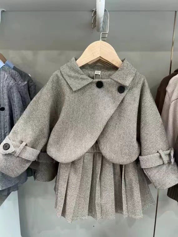 Woolen Coat Pleated Short Skirt Two-piece Little Children's Suit