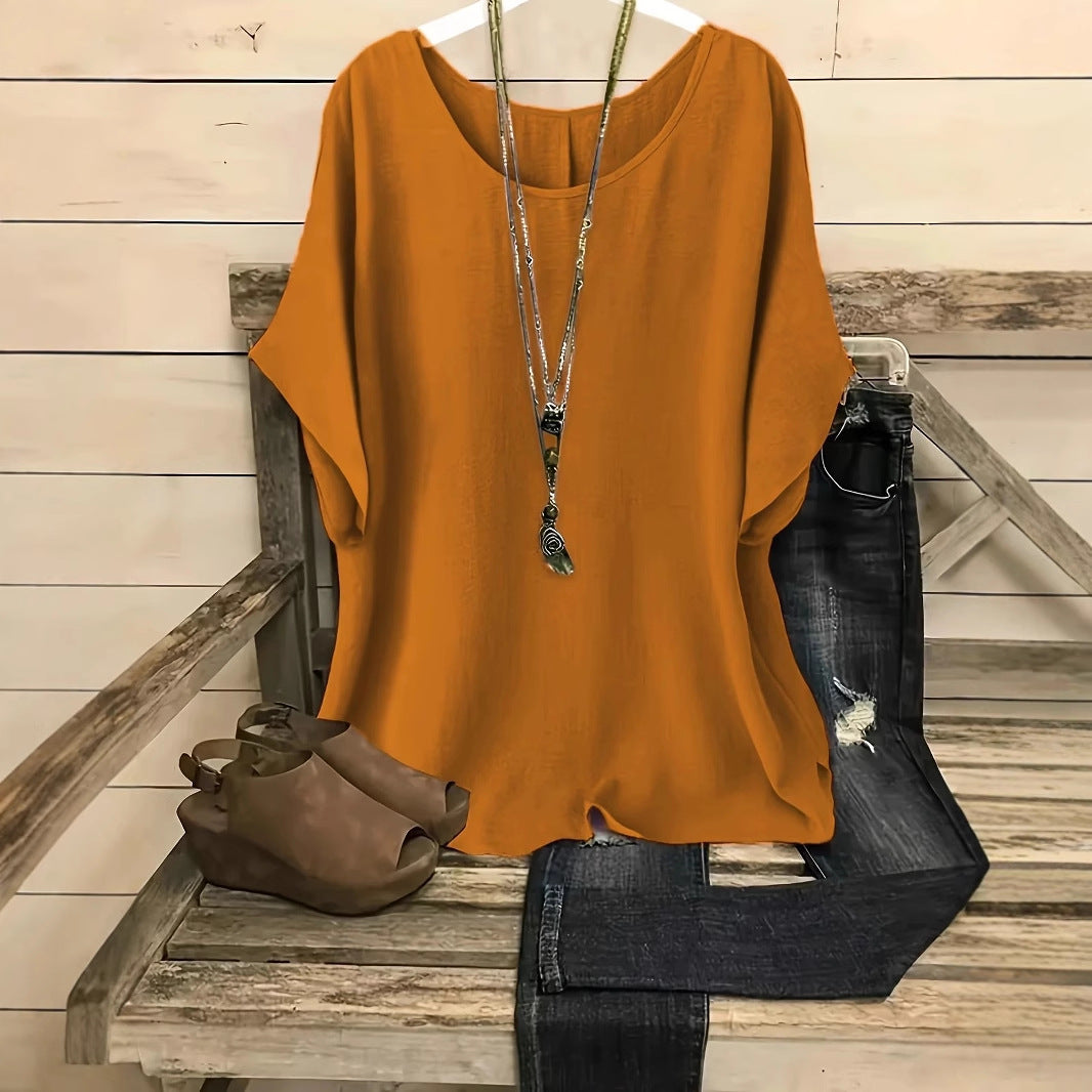 Women's Summer Retro Crew Neck Solid Color Cotton Linen Tops