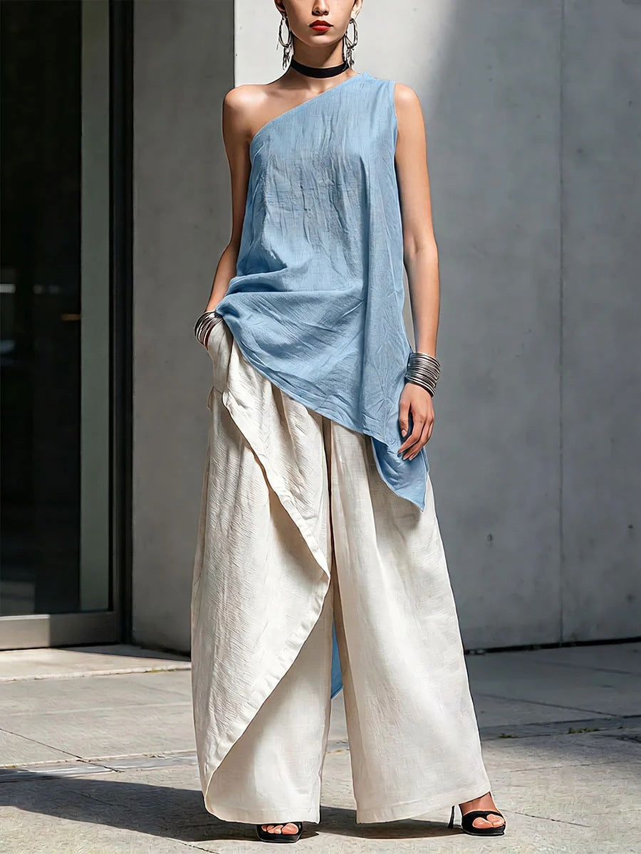 Women's Asymmetric Shoulder Cotton Linen Loose Leisure Tops