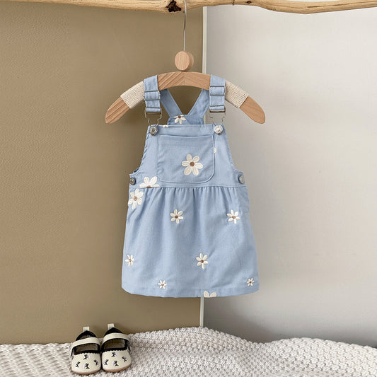Cute Floral Embroidered Suspender Blue Princess Style Loose Children's Dress