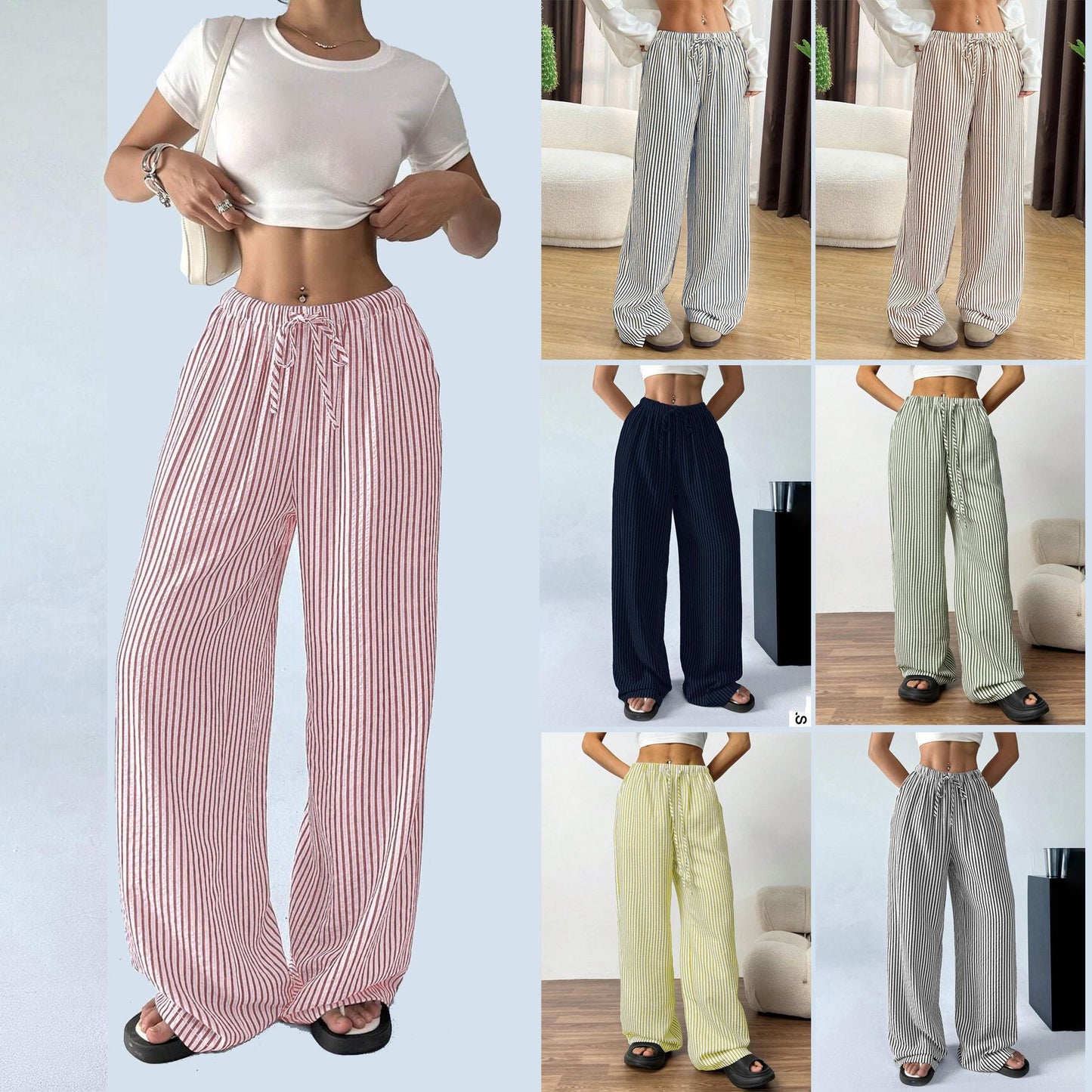 Women's Contrast Color Striped Loose High Waist Pants