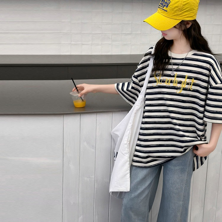 Children's Casual Summer Medium Large Striped Letters Short Sleeve Loose Half Children's Suit