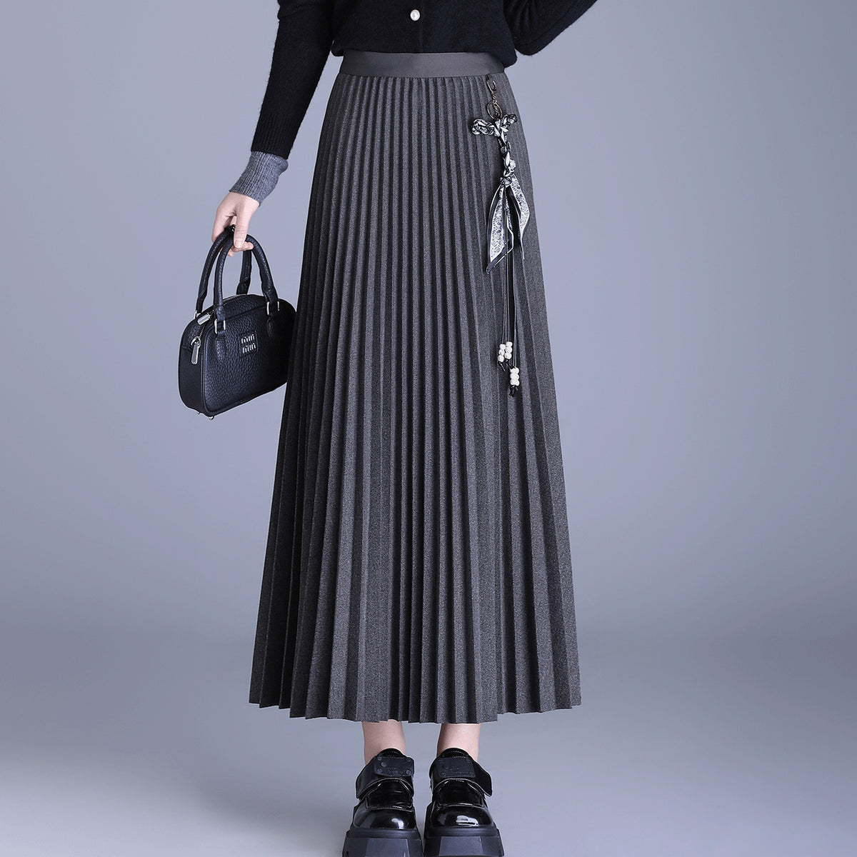 Scarf Pleated Thickened Woolen Mid-length High Waist Slimming Skirts