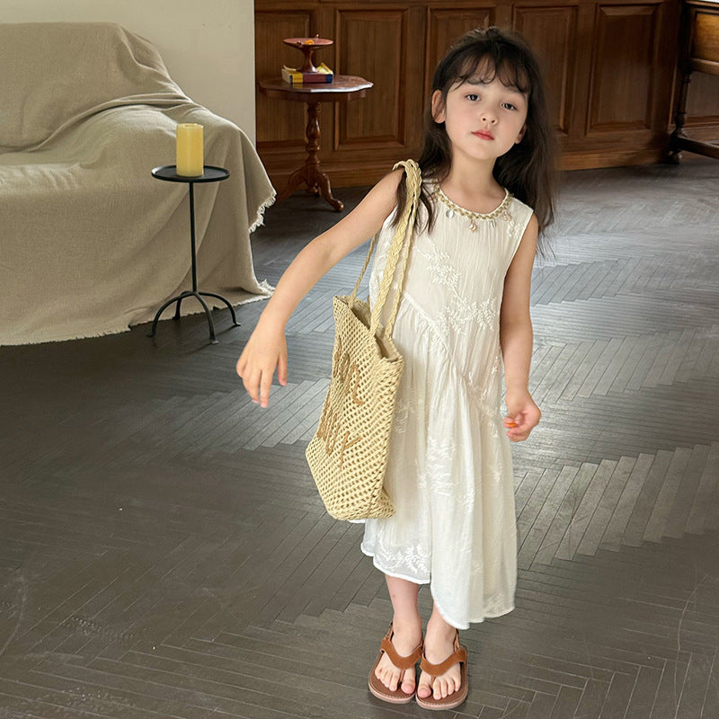 Children's Western Style Vacation White Summer Mid-length Children's Dress