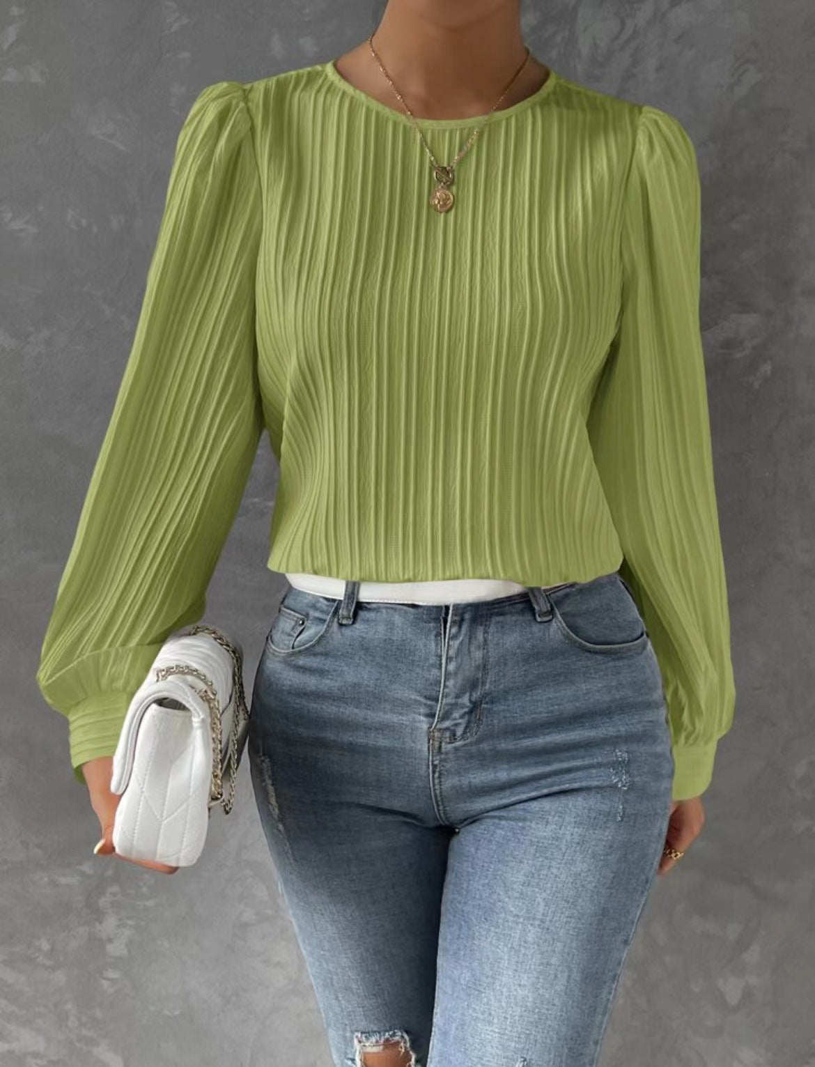 Spring Round Neck Lantern Sleeve Long Solid Color Blouses