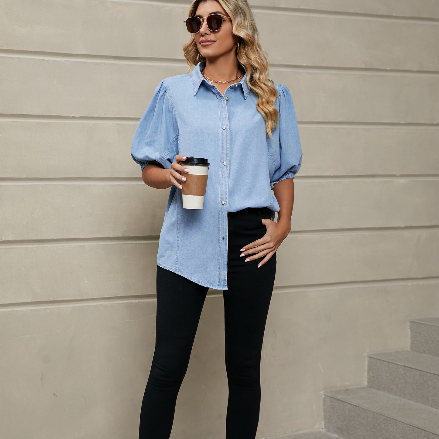 Women's Trade Elastic Princess Sleeves Denim Shirt Tops