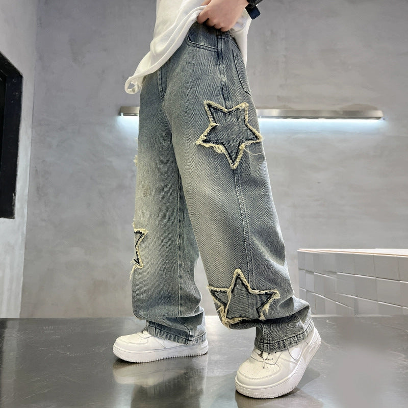 Children's Clothing Jeans Five-pointed Star Boy Trousers Medium Big Children's Pants