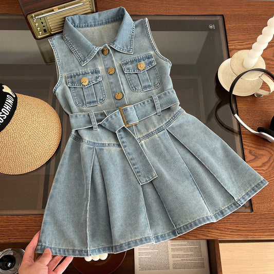 Children's Sleeveless Western Style Summer Denim Little Children's Dress