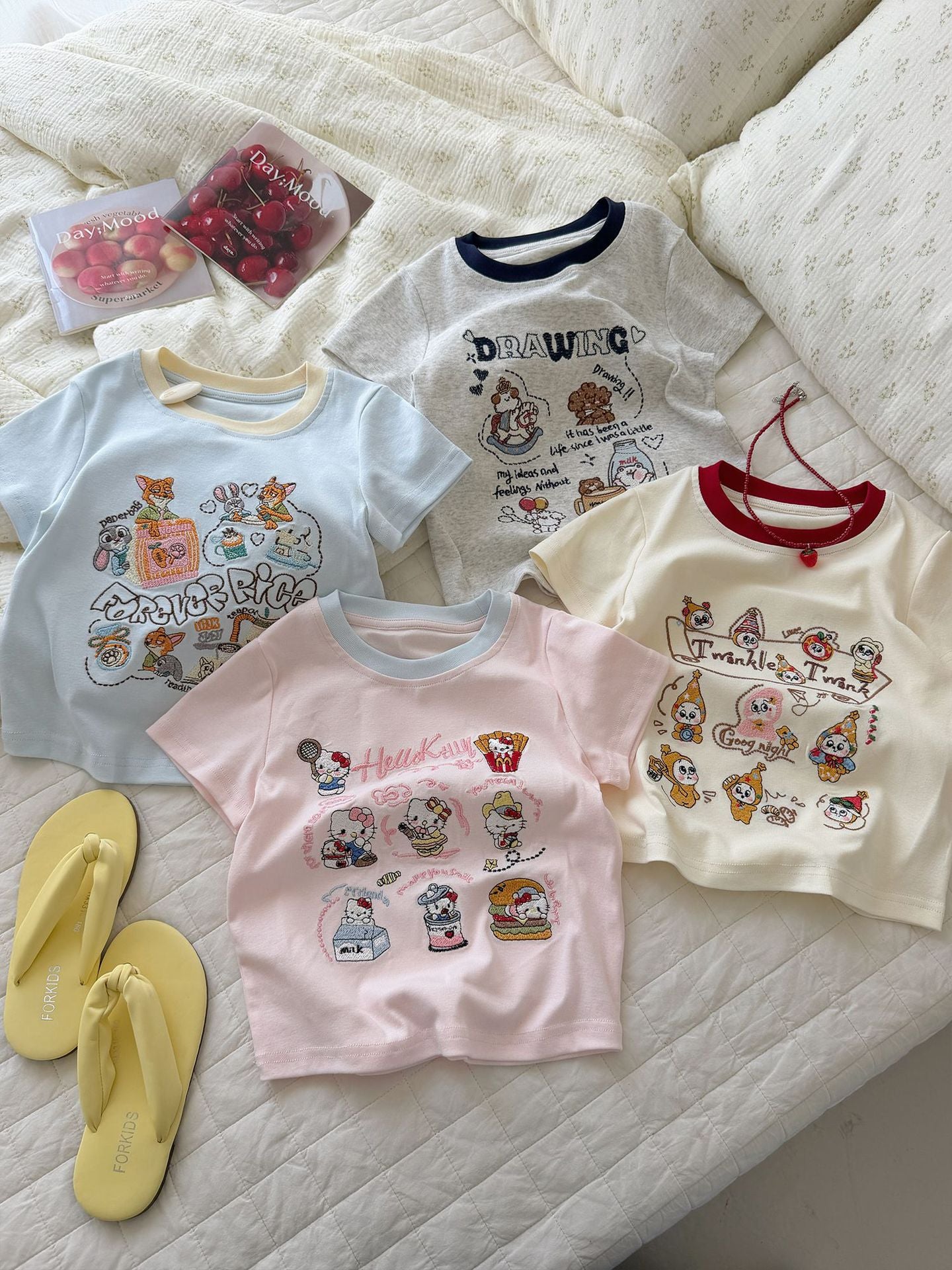 Short-sleeved Summer Cotton Cartoon Embroidered Top Contrast Color Round Neck Children's T-shirt