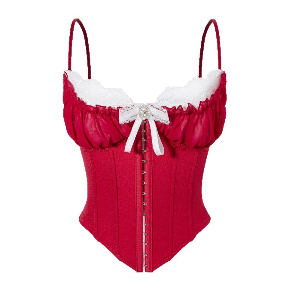 Sexy Red Stitching Lace Chest Cotton Tops