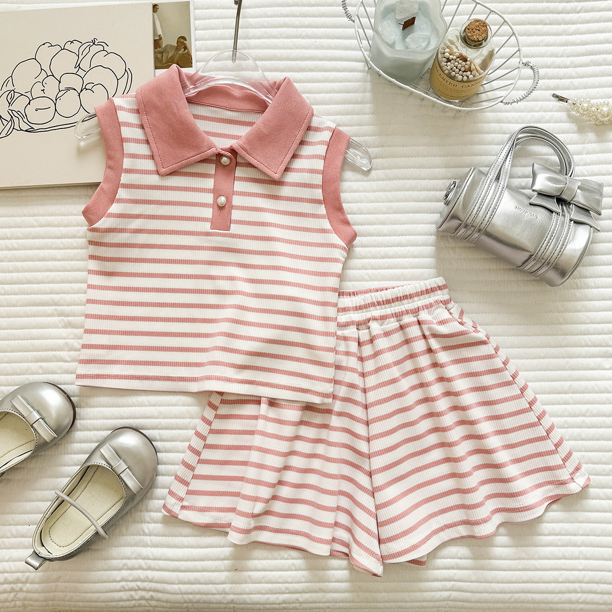 Children's Summer Striped Lapel Vest T-shirt Sleeveless Short Skirt Two-piece Children's Suit