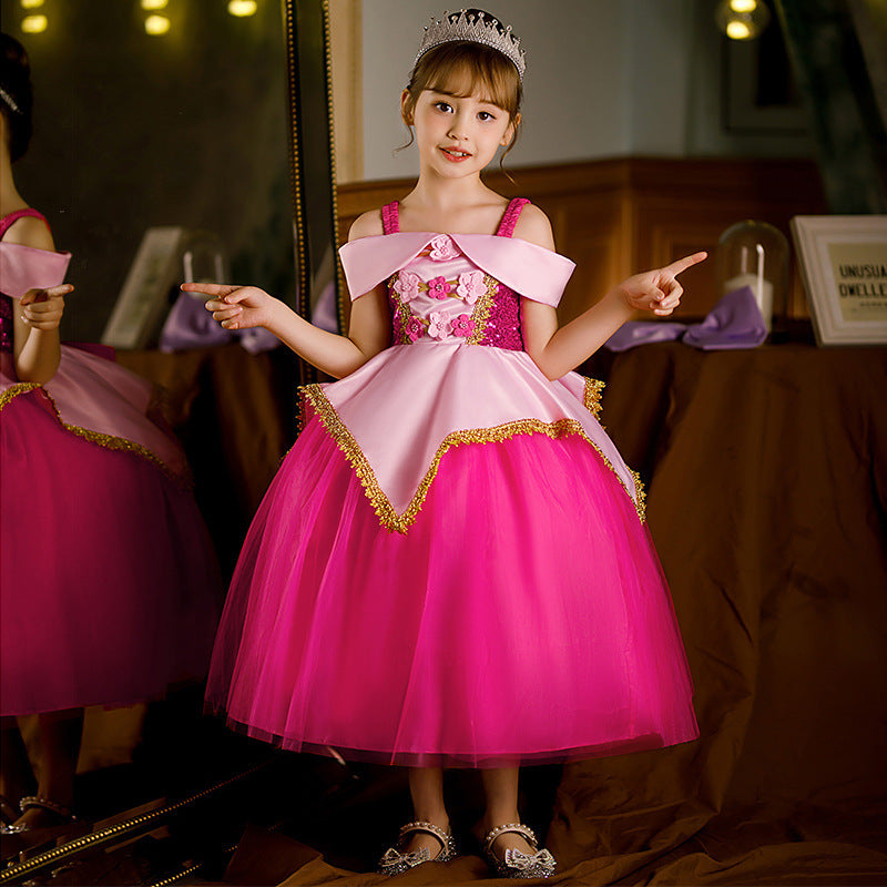 Sleeping Beauty Princess Long Pink Puffy Tulle Children's Dress