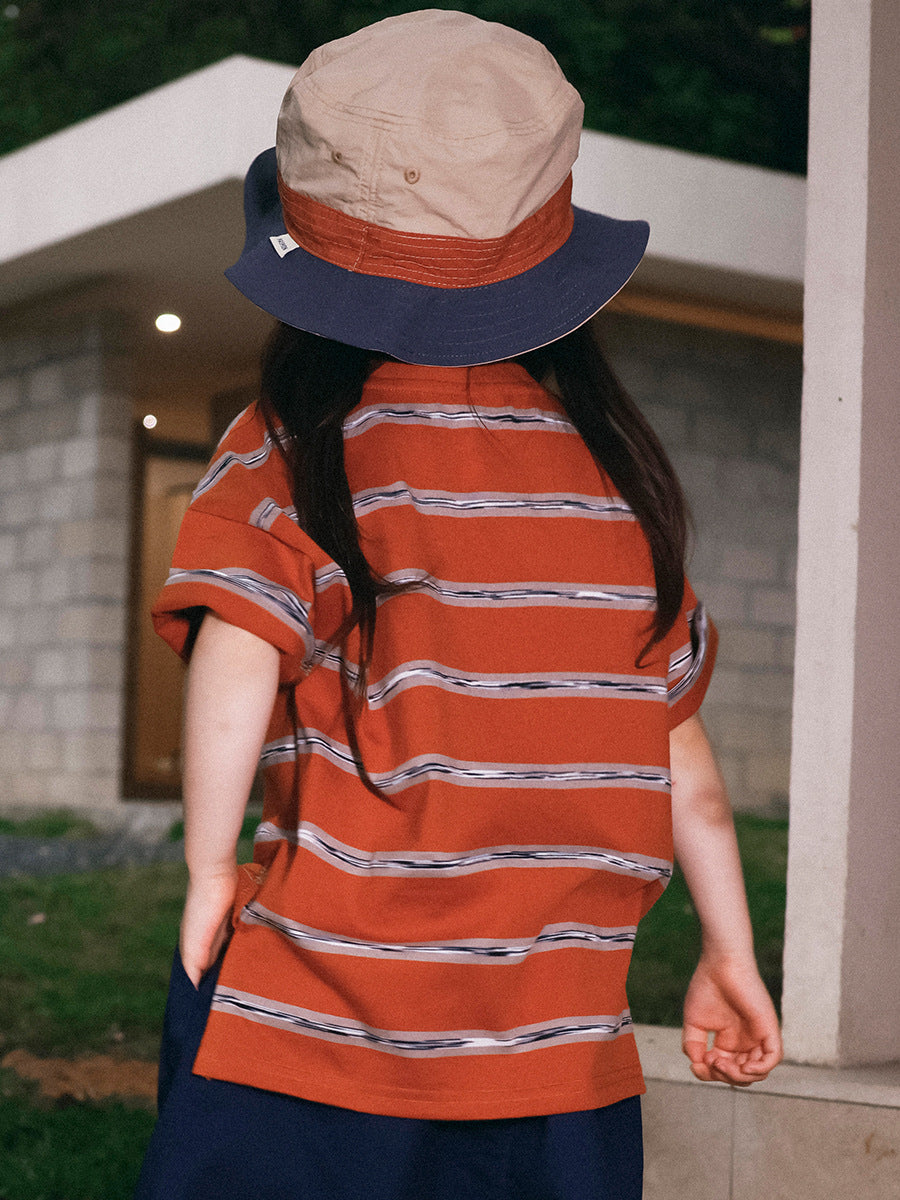 Children's Cotton Summer Contrast Color Striped Middle Big Loose Casual Children's T-shirt