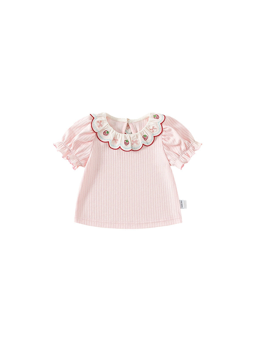 Children's Clothing Short-sleeved Lace Collar Sweet Clothes Pink Summer Small Children's T-shirt