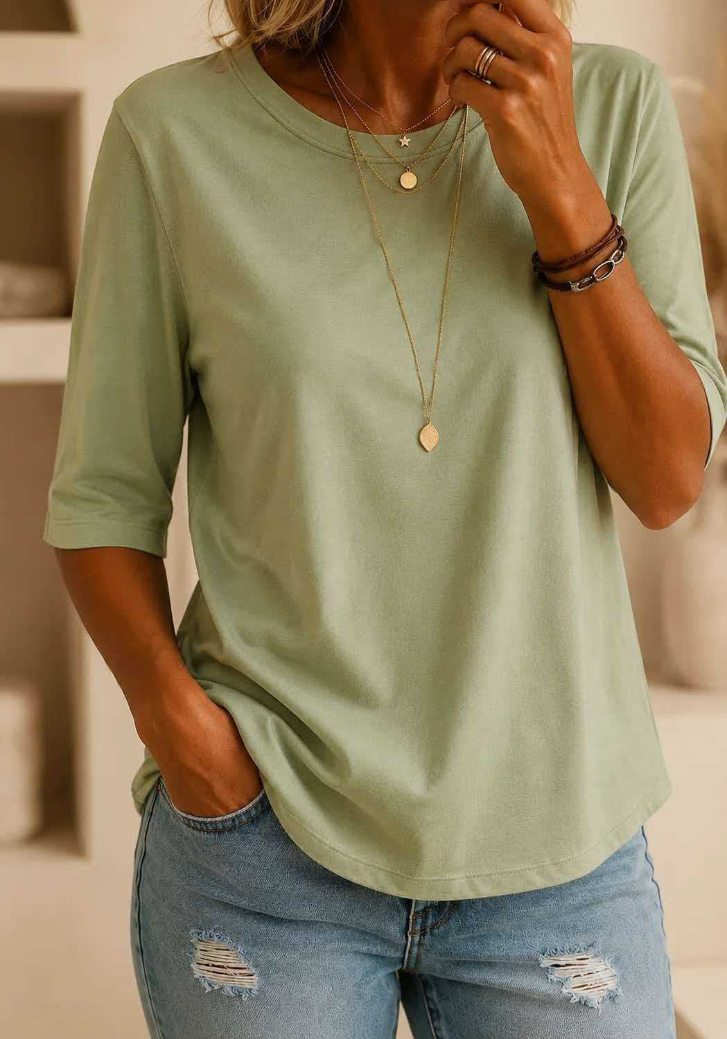 Women's Casual Round Neck Shoulder Half Sleeve Women's T-shirt
