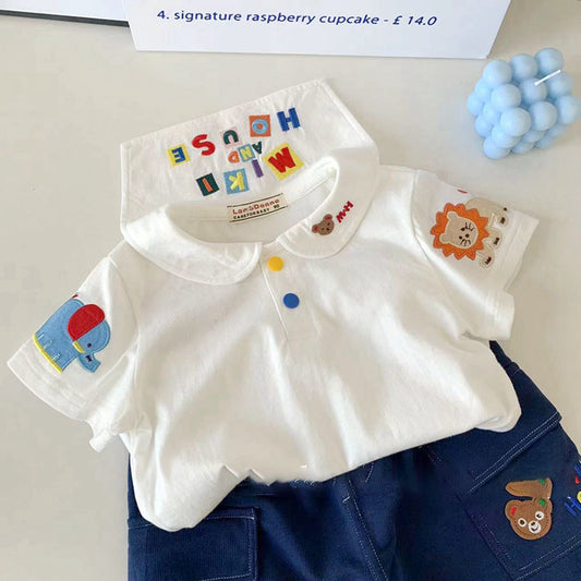 Children's Cartoon Embroidery Navy Style Short Sleeve Top Cute Children's T-shirt