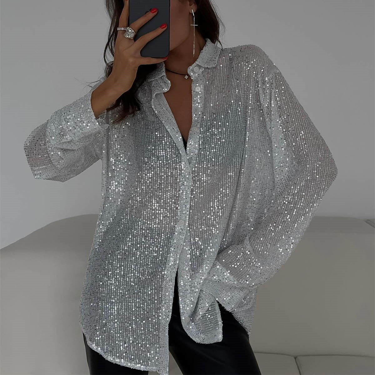 Women's Sequin Lapel Long Sleeve Basic Style Blouse