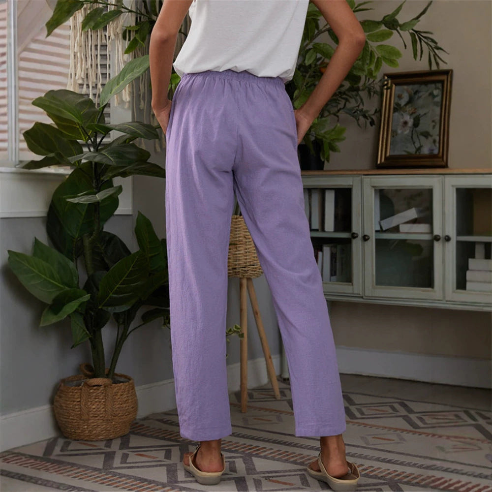 Women's Solid Color Large Pocket Elastic Waist Cotton Linen Casual Pants