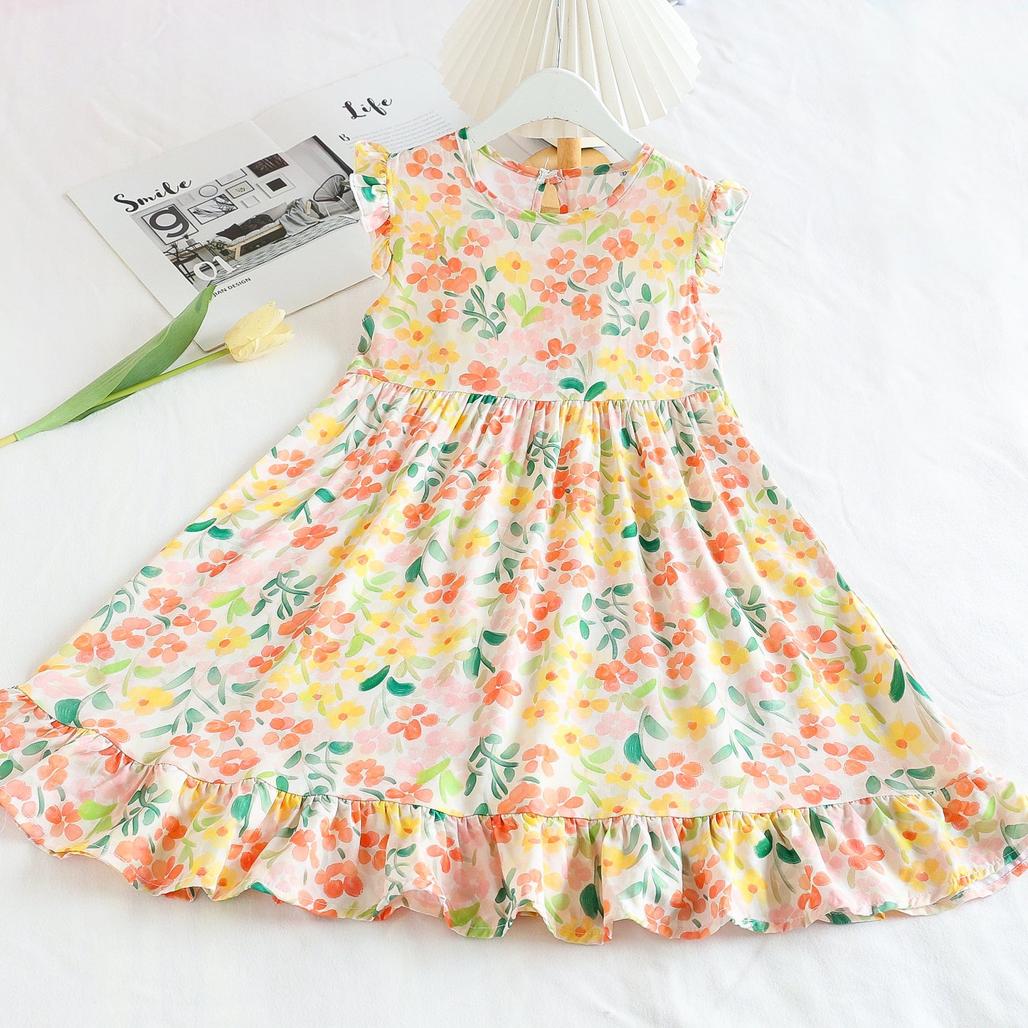 Fresh Flounced Sleeve Floral Cotton Summer Thin Cool Children's Dress