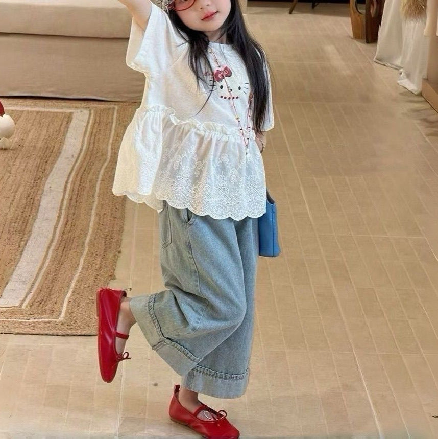 Children's Korean Set Summer Western Style Ruffled Short Sleeves Jeans Two-piece Children's Suit