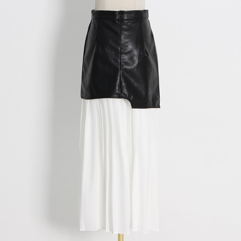 Women's Korean Style Leather Stitching Contrast Colors Skirts