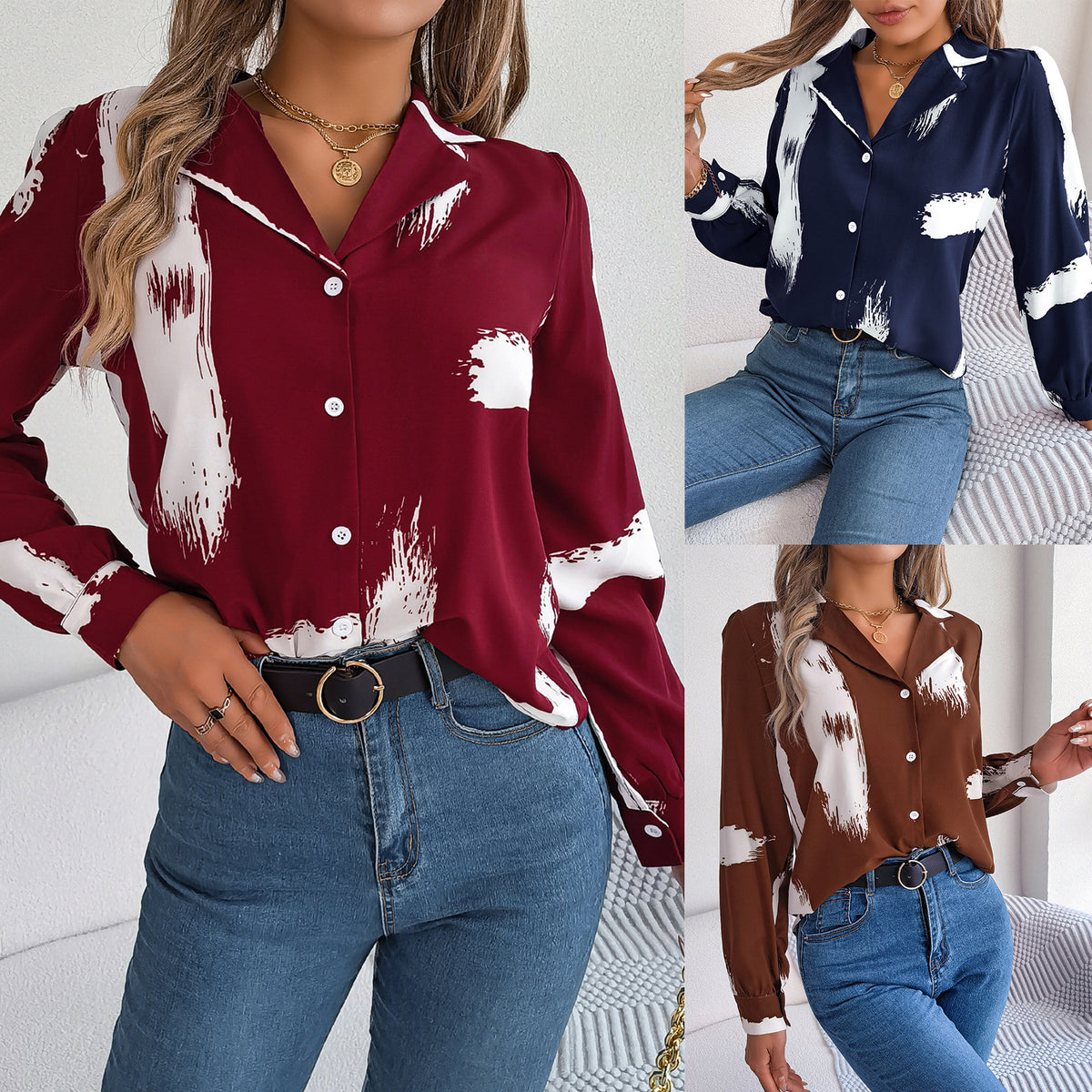 Women's Elegant Contrast Color Striped Collar Long Lace Shirt, Chiffon Shirt