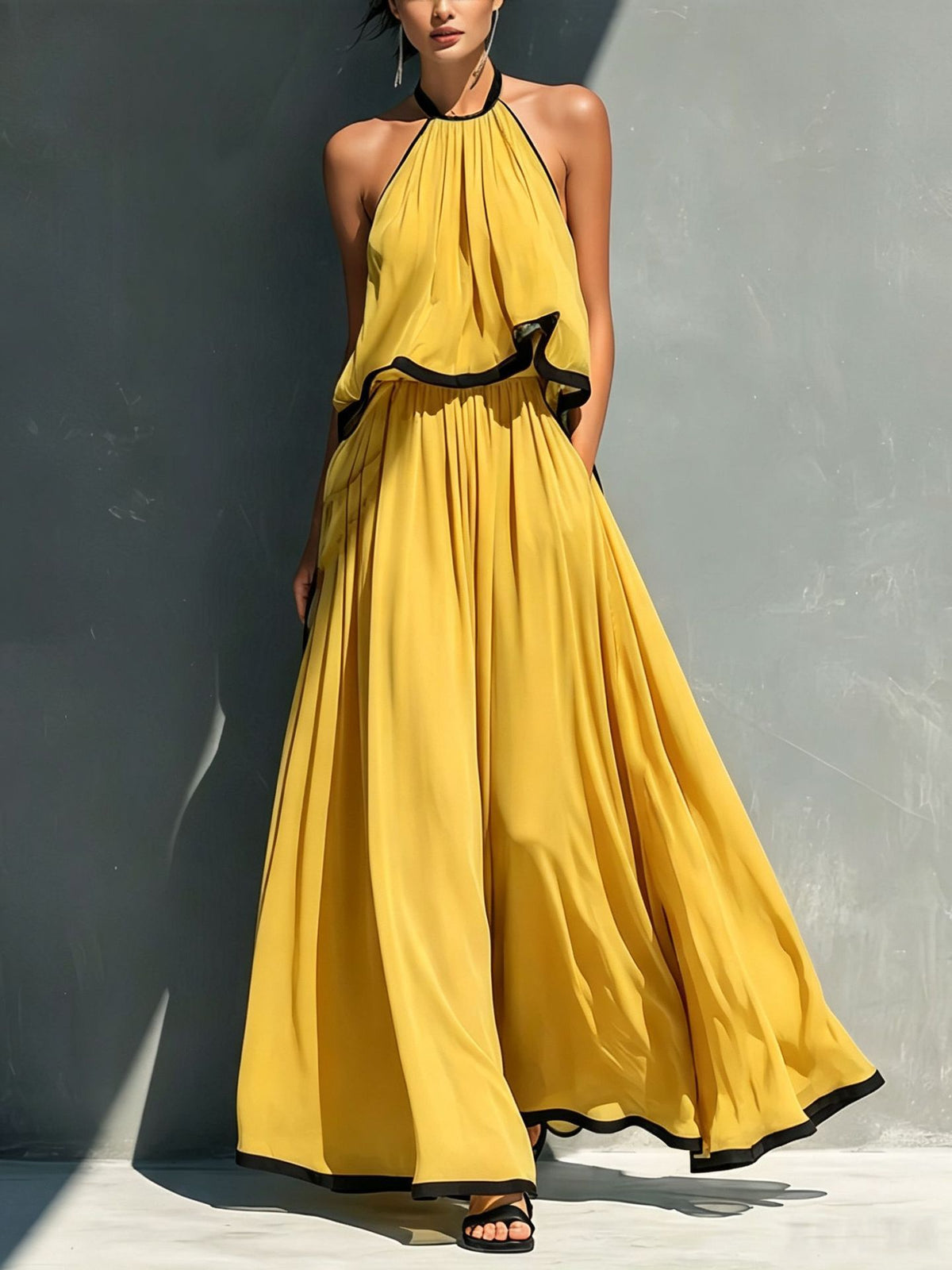 Halter Sleeveless High Waist Big Swing Long High-grade Chiffon Two-piece Fashion Casual Suit