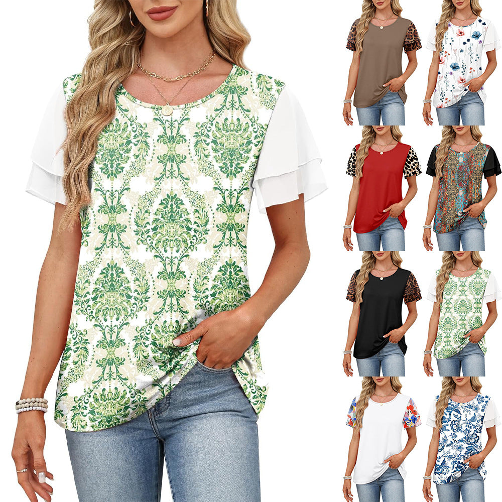 Women's Round Neck Printed Contrast Color Double Tops