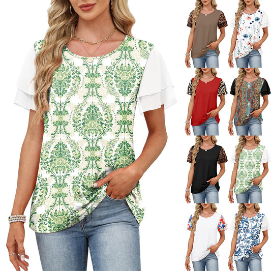Women's Round Neck Printed Contrast Color Double Tops