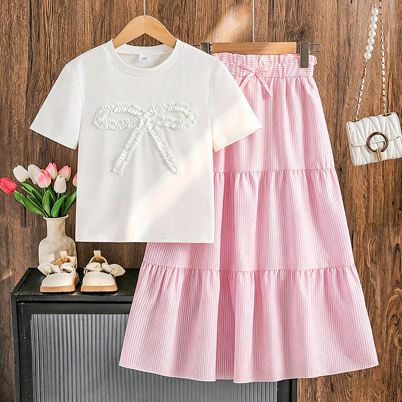 Bow Short-sleeved Shirt Bohemian Style Tiered Children's Suit