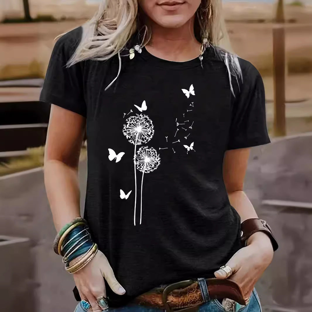 Women's Dandelion Pattern Round Neck Sleeve Casual Shorts