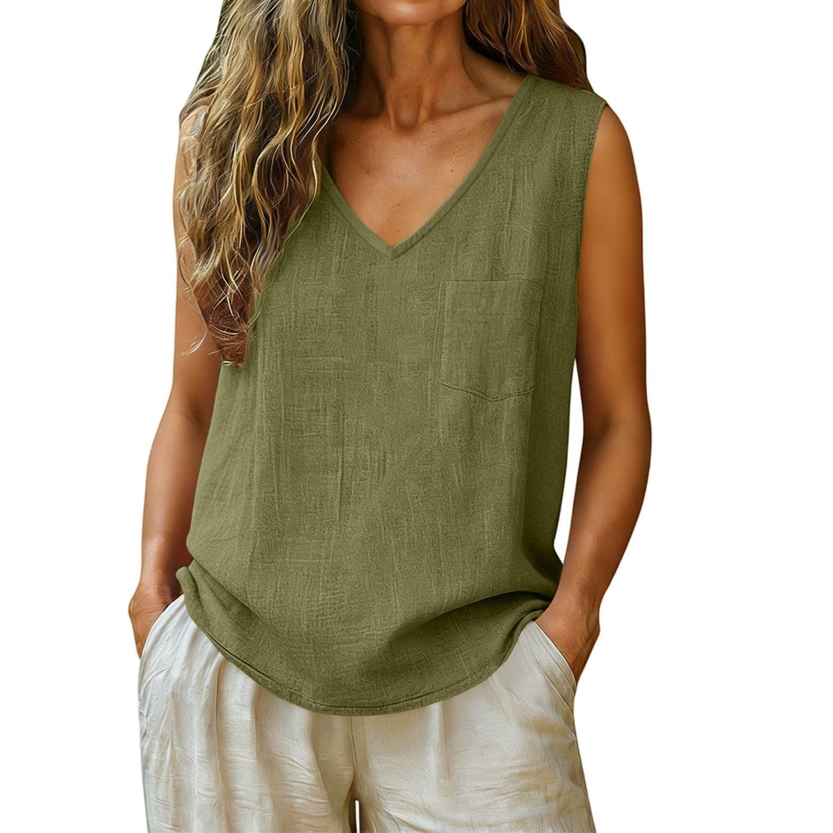 Women's Summer Fashion Casual Pocket Sleeveless Solid Color Cotton Linen Small Vest/suspenders/tube Top