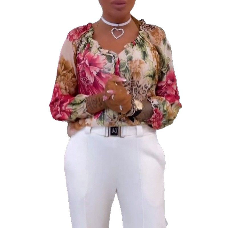 New Women's Summer Printed Casual Fashion Lace Shirt, Chiffon Shirt