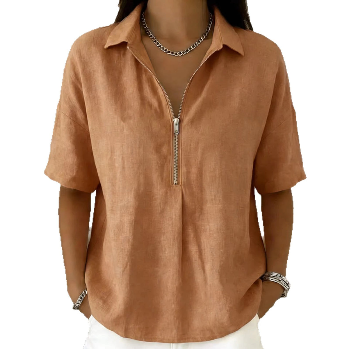 Women's Summer Shirt Fashion Solid Color Zipper Women's T-shirt