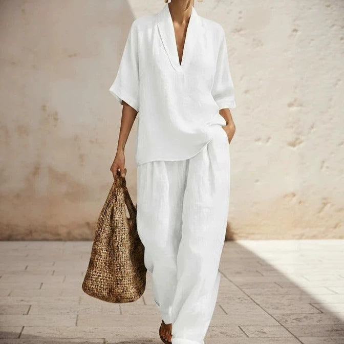 Women's Solid Color Comfortable Minimalist Linen Two-piece Fashion Casual Suit