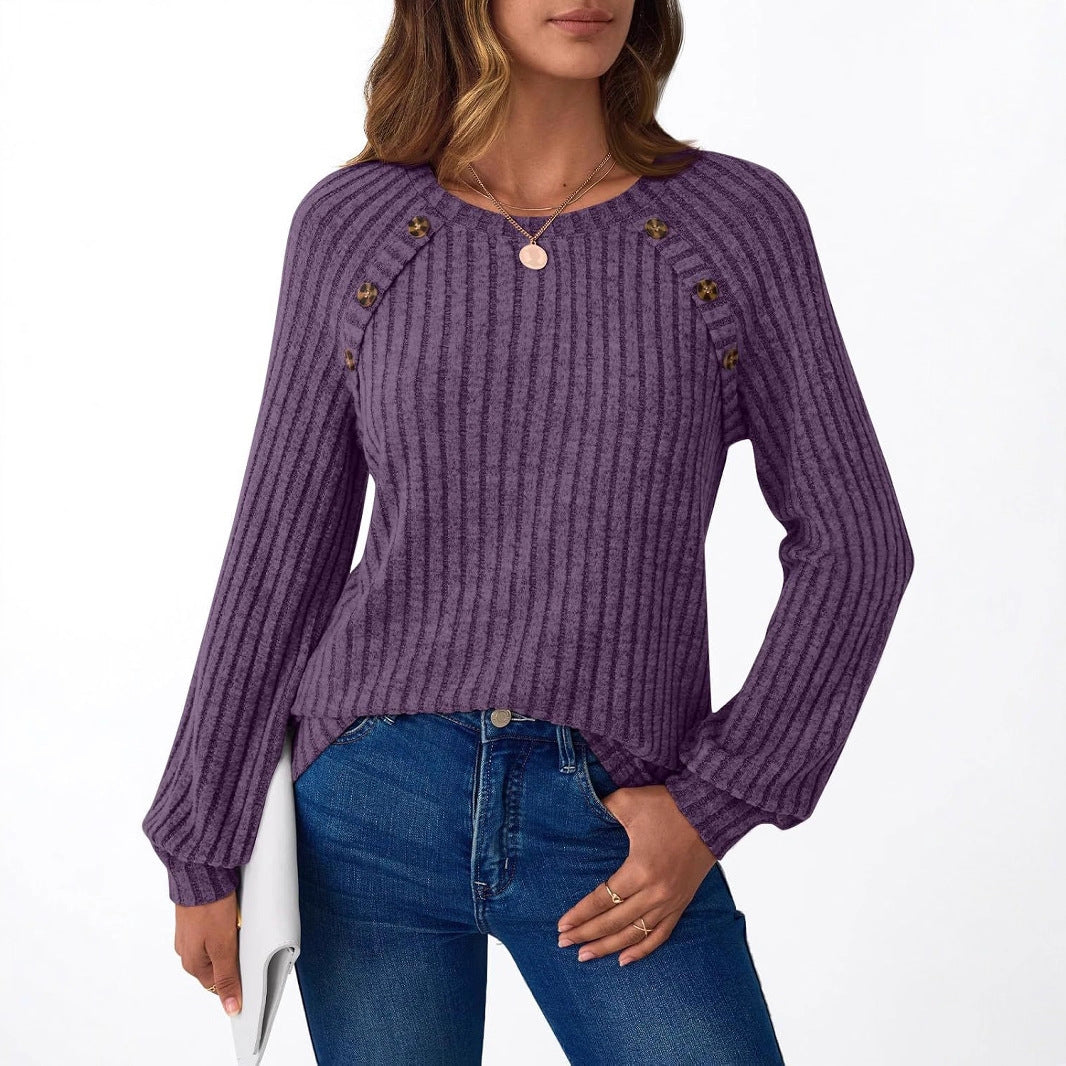 Women's Stripe Fashion Knit Long Sleeve Button Women's T-shirt