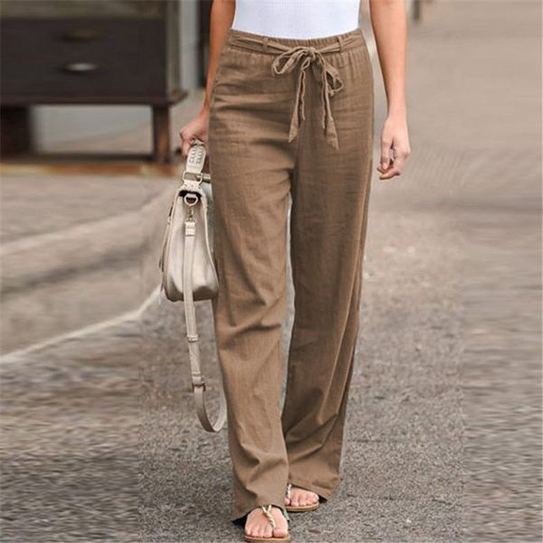 Women's Summer Elastic Waist Solid Color Cotton Linen Belt Wide Pants