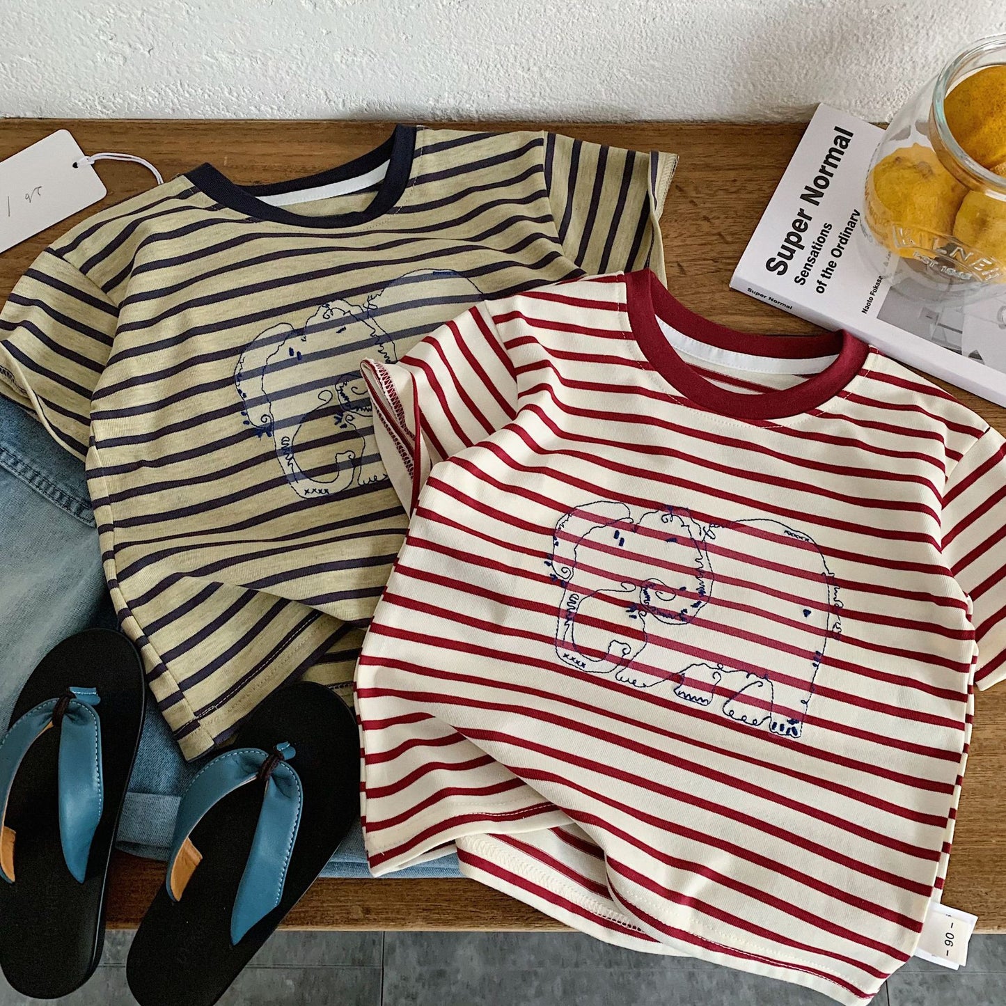 Children's Short-sleeved Summer Embroidered Elephant Striped Western Style Children's T-shirt