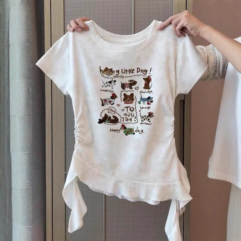 Middle Big Cat Printing Short-sleeved Summer Irregular Ruffle Top Children's T-shirt