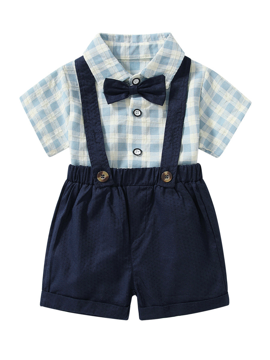 Children's Summer Plaid Shirt Short-sleeved Suspender Pants Korean Boys Gentleman Children's Suit