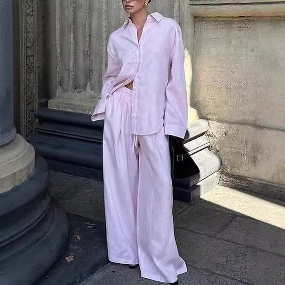Lazy French Loose Pink Cotton Shirt Long Fashion Casual Suit