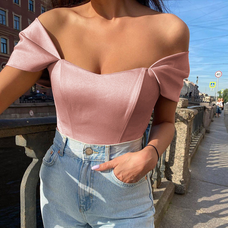 Women's Summer Fishbone Waist Tube Satin Vacation Tops