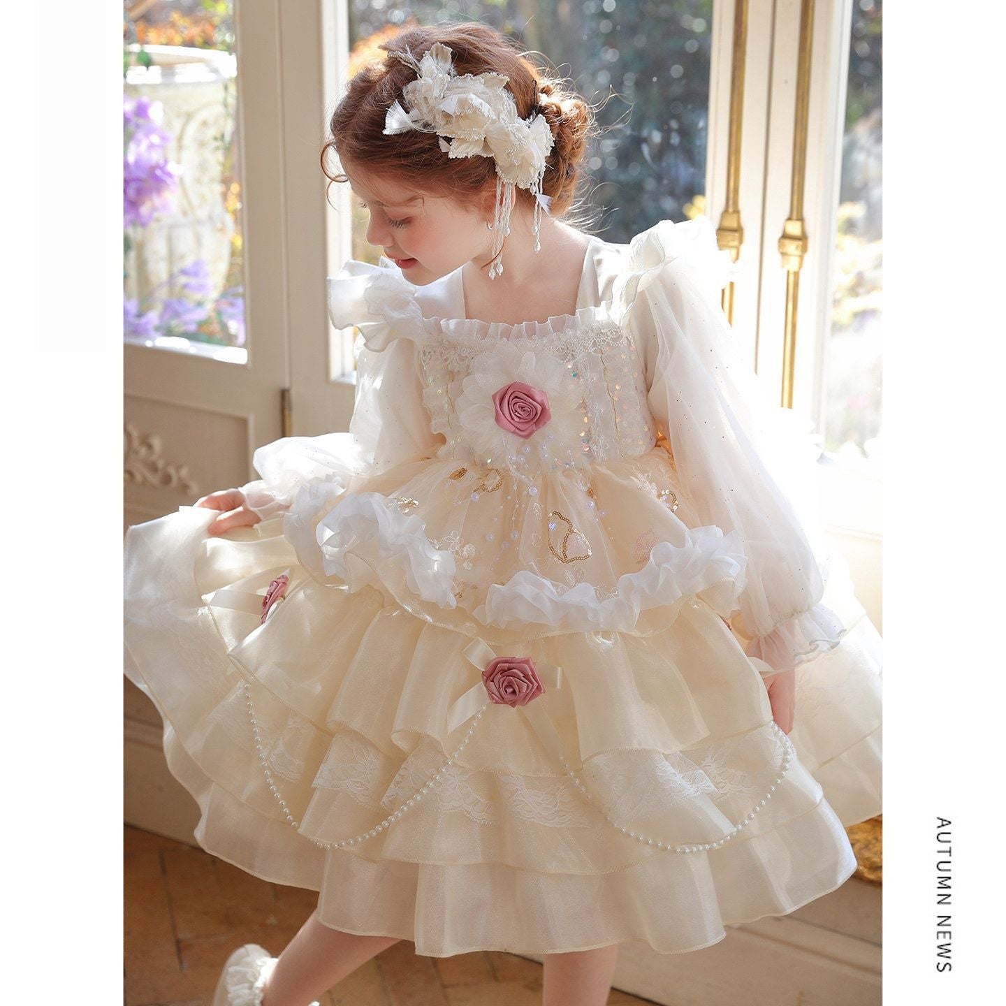 Children's Princess Long Sleeve Mesh Cake Rose Decorative Tulle Children's Dress