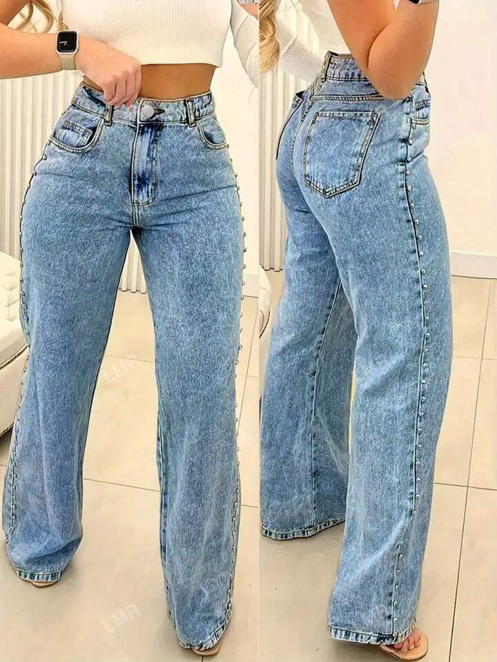 Casual Loose Straight Leg Button Open Women's Jeans